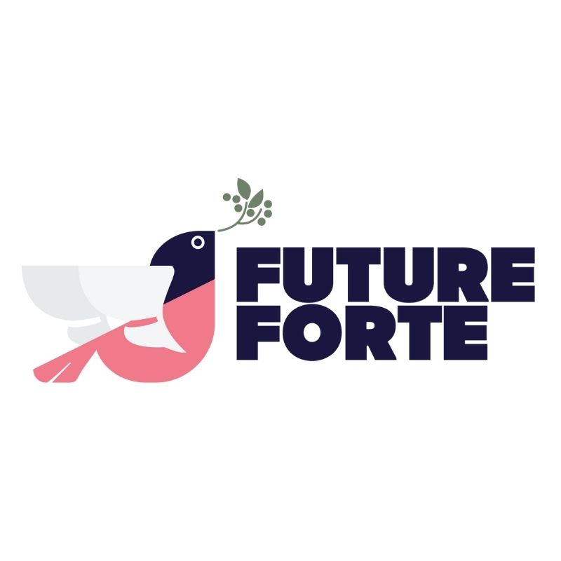 Pink and blue illustration of bird holding branch, text reading Future Forte against white background
